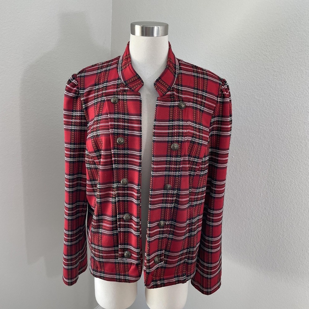 Tommy Hilfiger‎ Blazer Womens XL Red Plaid Knit Button Front Short Jacket